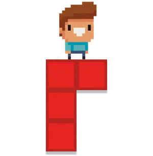 Pixel character ontop of a tetris styled red block