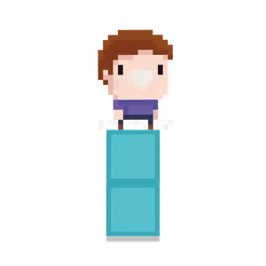 Pixel character ontop of a tetris styled blue block